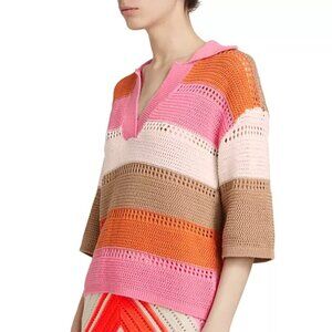 Design History Striped Crochet Polo Sweater in Pink Crush Combo. Sz: XS
